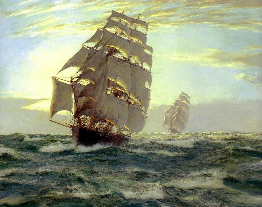 Описание картины корабля. Доусон Монтегю парусник. Художник-маринист Montague Dawson. Катти Сарк Монтегю Доусона. Генри Доусон художник маринист.