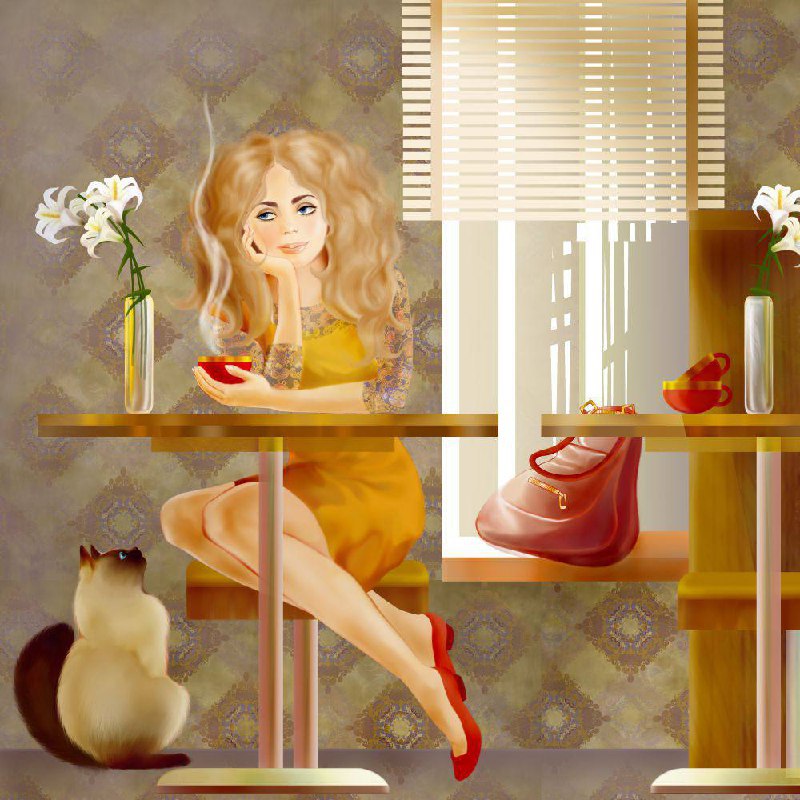 Будет время заходите. Девушка в кафе иллюстрация. Картина девушка на кухне. Добрая женщина иллюстрация. Веселая девушка с кофе.